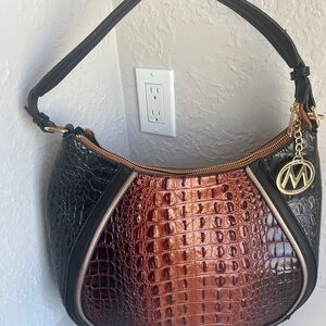 Mia K Elegant Black and Brown Vegan Croc-Embossed Women's Bag